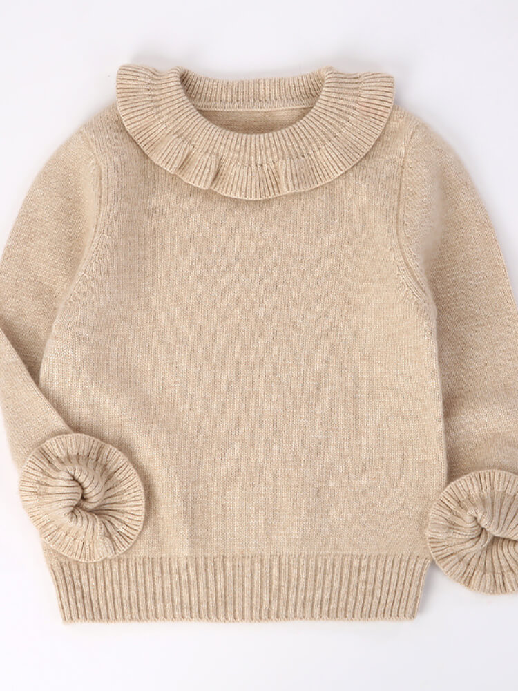 Girls Blush Pink Ruffled Collar Soft Cashmere Pullover Sweater